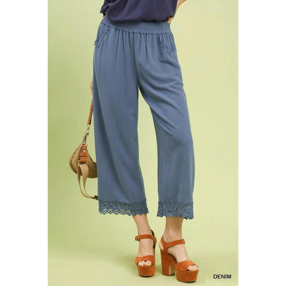 Umgee Linen Wide Leg Cropped Pants with Lace Trim